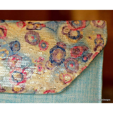Blue Jute Clutch Purse With Multicoloured Sequin Flowers